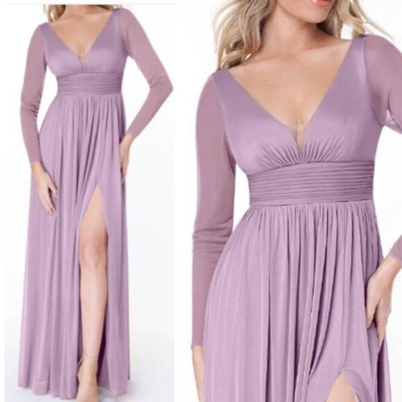 Azazie Women's Princess V Neck Pleated Gown Party Dress Purple - Picture 5 of 5